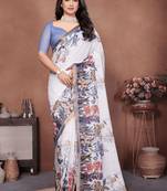 White linen printed saree with blouse