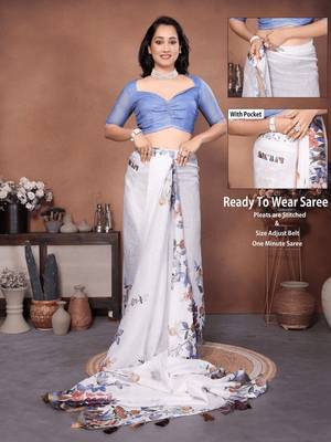 White linen printed saree with blouse 2