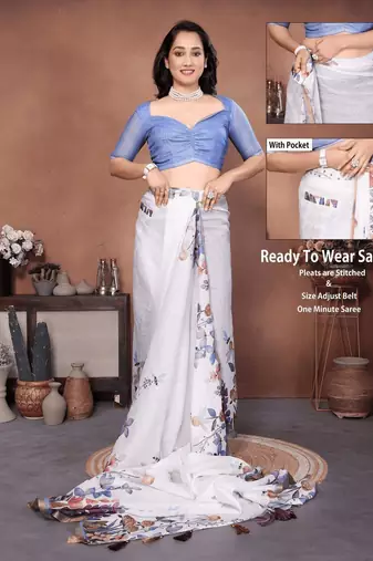 White linen printed saree with blouse
