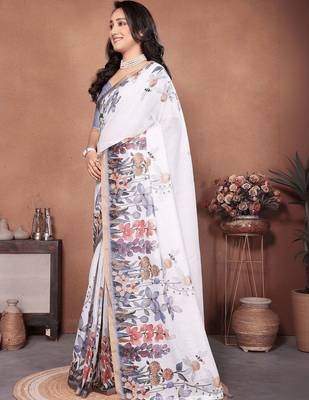 White linen printed saree with blouse 3