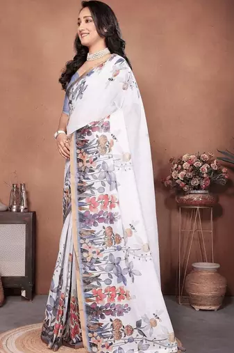 White linen printed saree with blouse