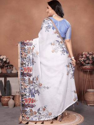 White linen printed saree with blouse 4