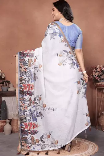 White linen printed saree with blouse