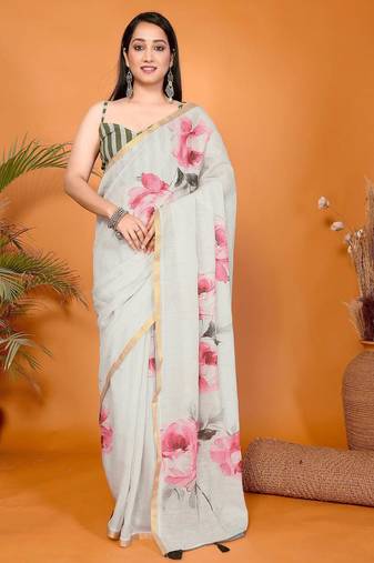Off white linen printed saree with blouse
