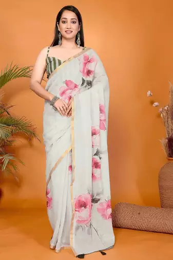Off white linen printed saree with blouse