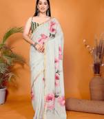 Off white linen printed saree with blouse