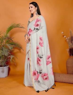 Off white linen printed saree with blouse 2