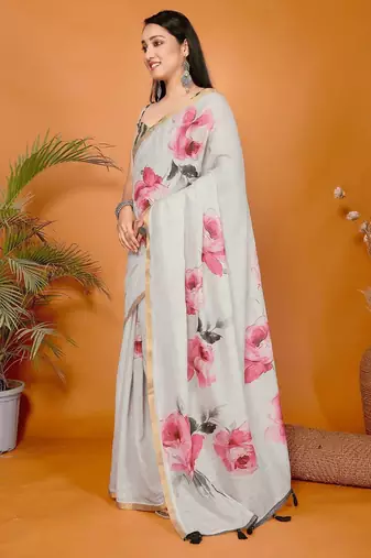 Off white linen printed saree with blouse