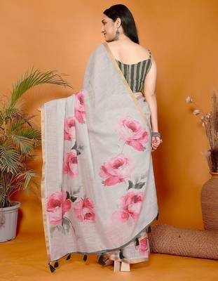 Off white linen printed saree with blouse 3