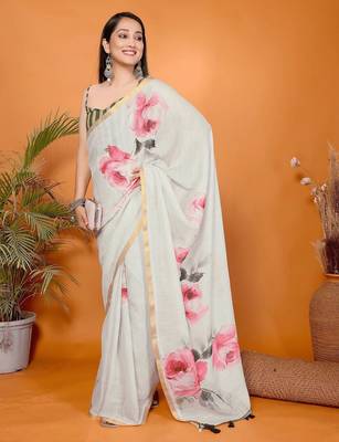Off white linen printed saree with blouse 4