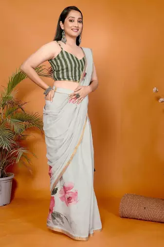 Off white linen printed saree with blouse