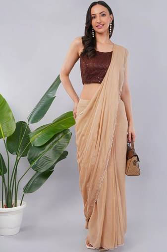 Beige blended cotton solid saree with blouse
