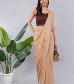 Beige blended cotton solid saree with blouse
