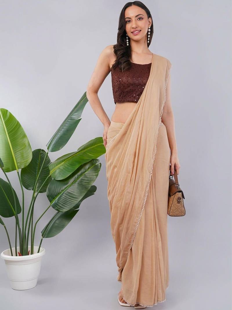 Beige blended cotton solid saree with blouse