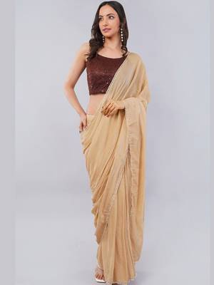 Beige blended cotton solid saree with blouse 2