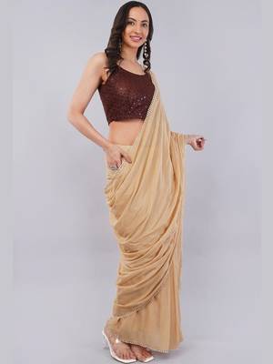 Beige blended cotton solid saree with blouse 3