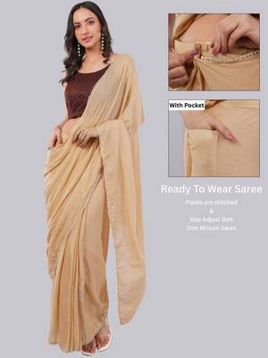 Beige blended cotton solid saree with blouse 4