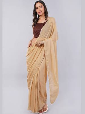 Beige blended cotton solid saree with blouse 5