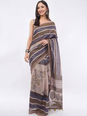 Brown linen striped saree with blouse 1