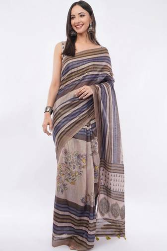 Brown linen striped saree with blouse