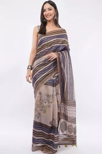 Brown linen striped saree with blouse