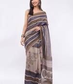 Brown linen striped saree with blouse