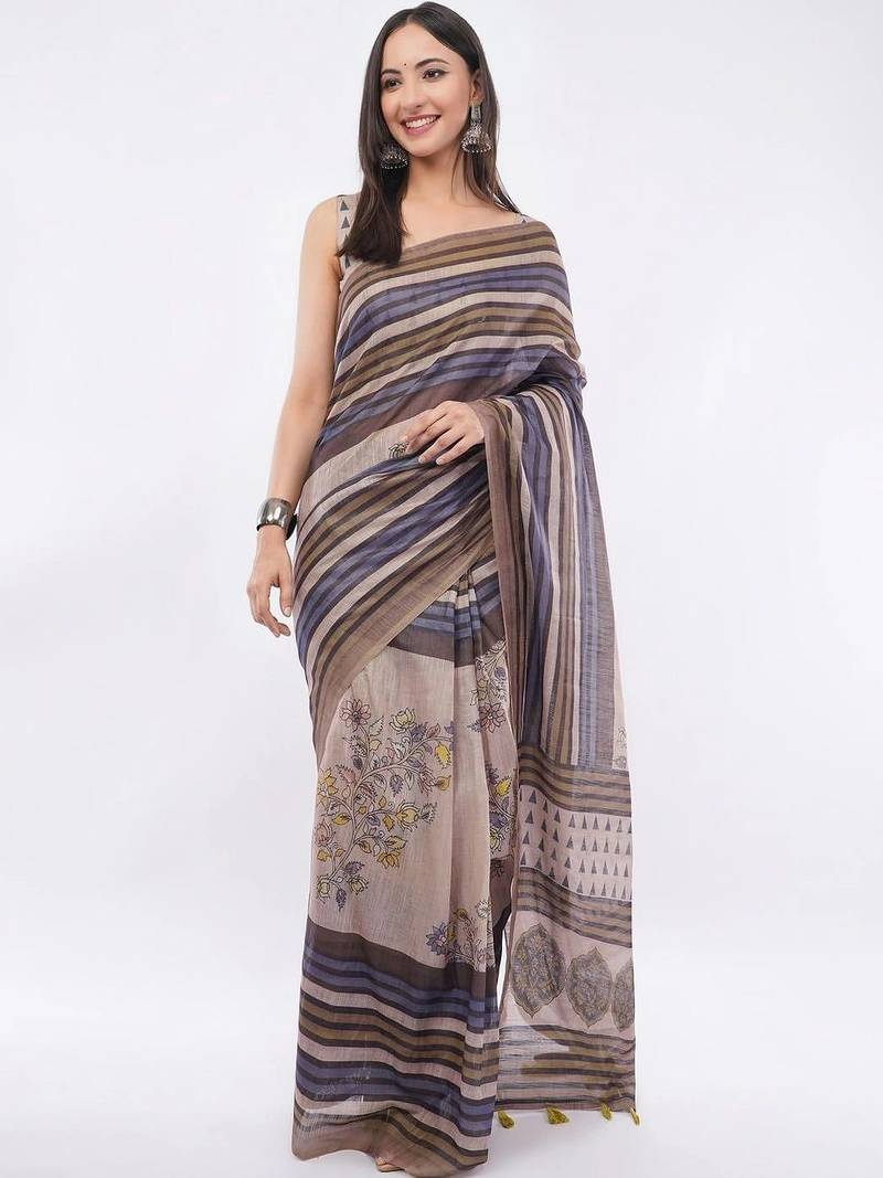 Brown linen striped saree with blouse