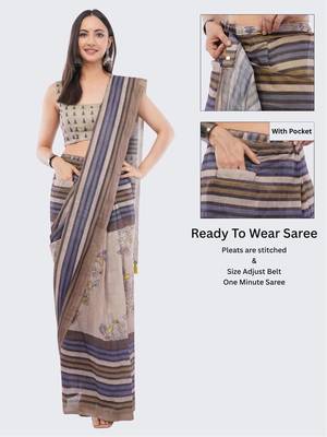 Brown linen striped saree with blouse 2