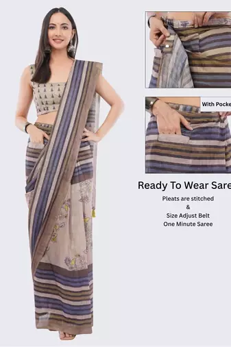 Brown linen striped saree with blouse