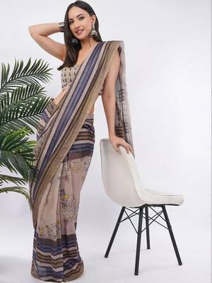 Brown linen striped saree with blouse 3