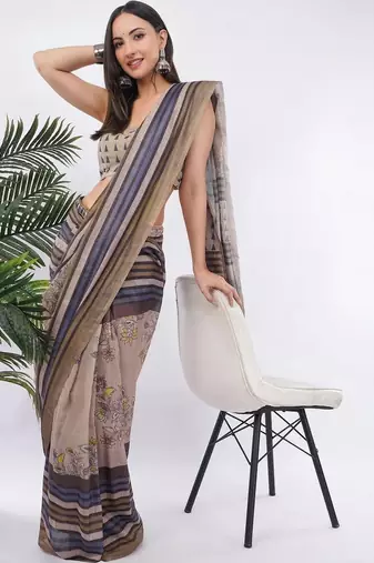 Brown linen striped saree with blouse