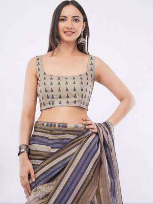 Brown linen striped saree with blouse 4