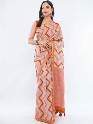 Off white linen printed saree with blouse 1