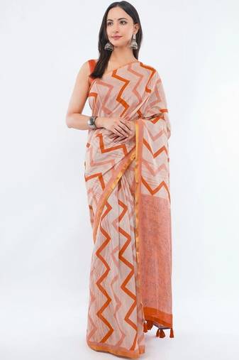 Off white linen printed saree with blouse