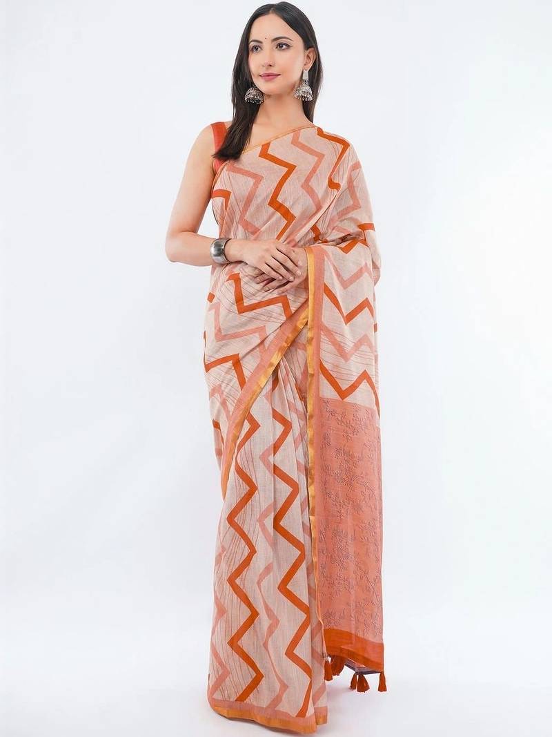 Off white linen printed saree with blouse