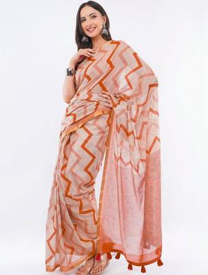 Off white linen printed saree with blouse 3