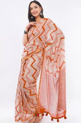 Off white linen printed saree with blouse