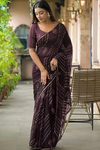 Purple pure georgette printed saree with blouse