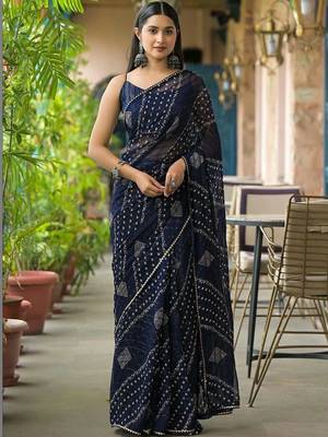 Navy blue pure georgette printed saree with blouse 1