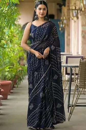 Navy blue pure georgette printed saree with blouse