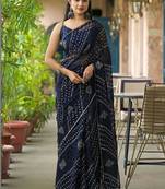 Navy blue pure georgette printed saree with blouse
