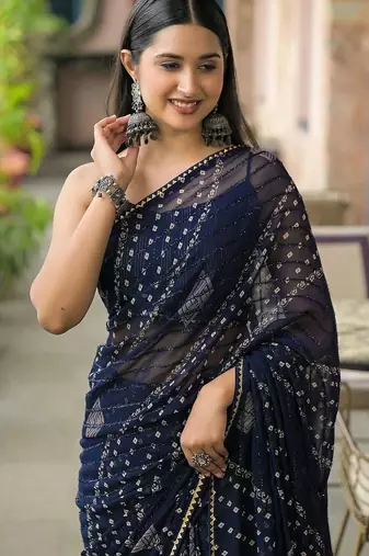 Navy blue pure georgette printed saree with blouse