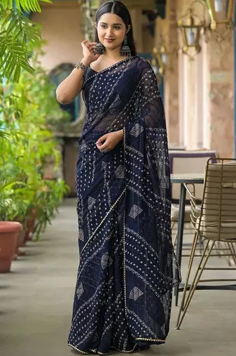 Navy blue pure georgette printed saree with blouse