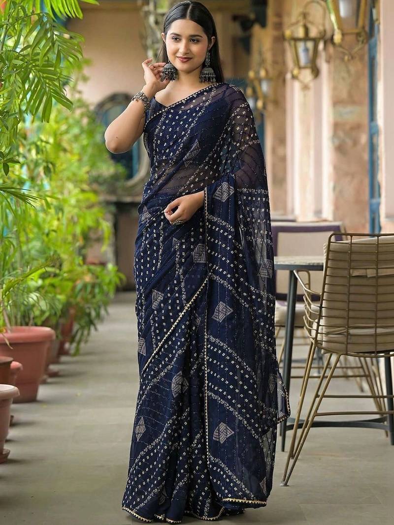 Navy blue pure georgette printed saree with blouse