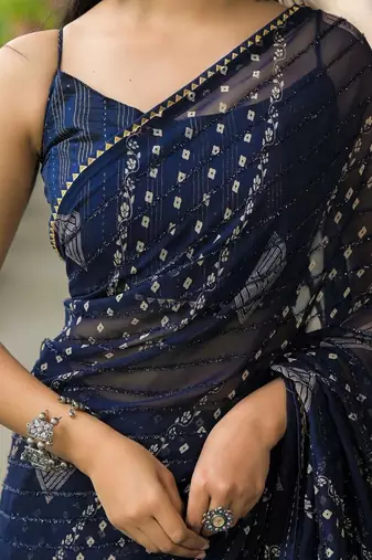 Navy blue pure georgette printed saree with blouse