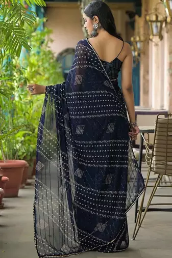 Navy blue pure georgette printed saree with blouse