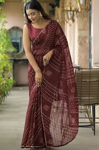 Maroon pure georgette printed saree with blouse