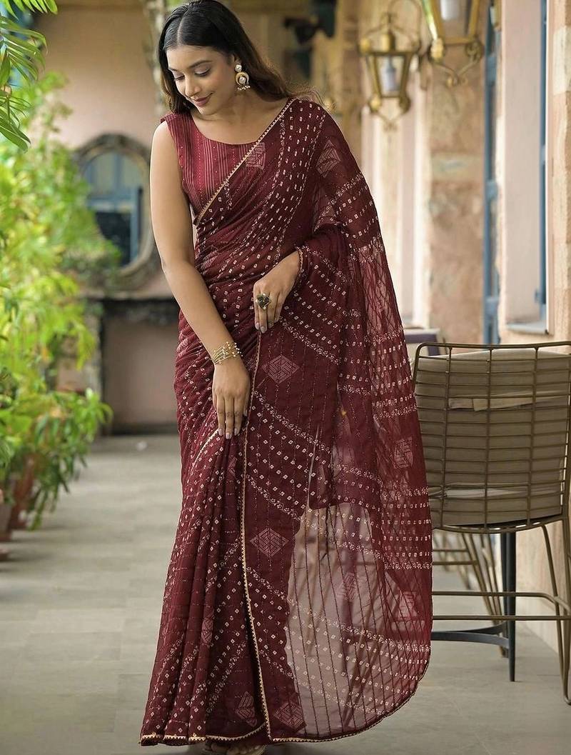 Maroon pure georgette printed saree with blouse