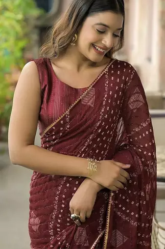 Maroon pure georgette printed saree with blouse