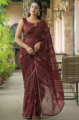 Maroon pure georgette printed saree with blouse